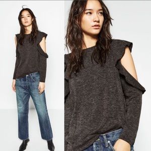 Zara gray ruffle cold shoulder sweater